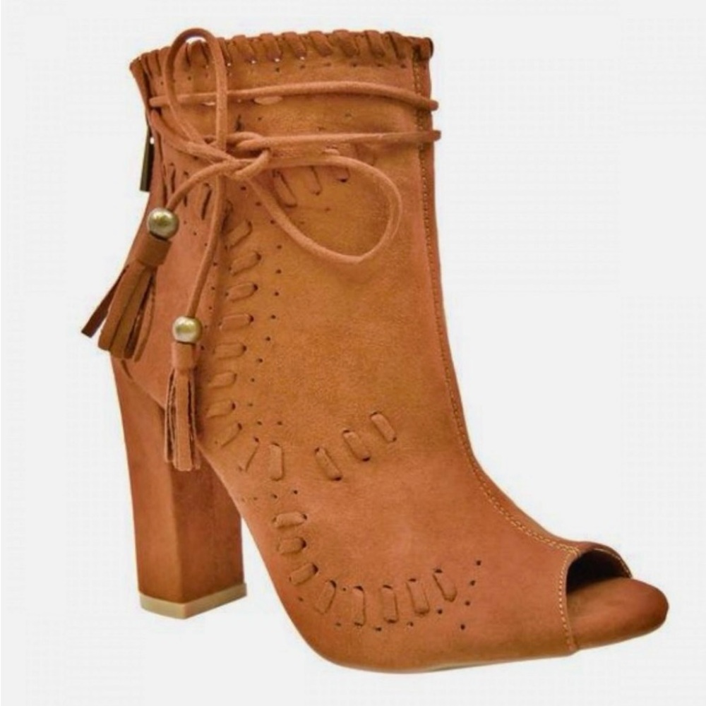 Tassel open toe Booties Heels Perforated bohemian festival concert Faux Suede